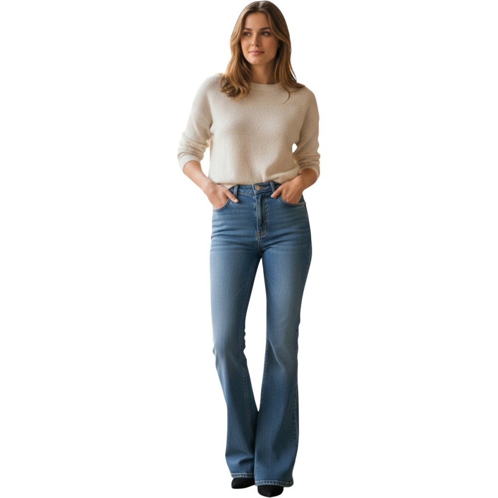 Happily Grey High Rise Bootcut Flare Jeans Medium Wash Blue Size 7/28 Stretch